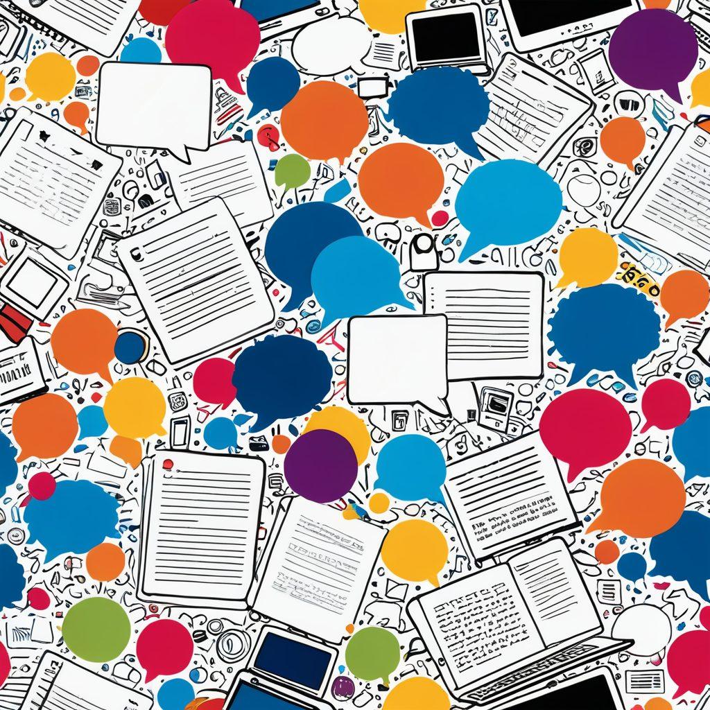 A vibrant digital open diary transforming into a lively discussion scene, with colorful speech bubbles and animated characters sharing ideas. The backdrop should include symbols of content creation like laptops, cameras, and notebooks, with a dynamic flow of words and creativity emanating from the diary. The scene should evoke a sense of community and interaction among readers. super-realistic. vibrant colors. white background.