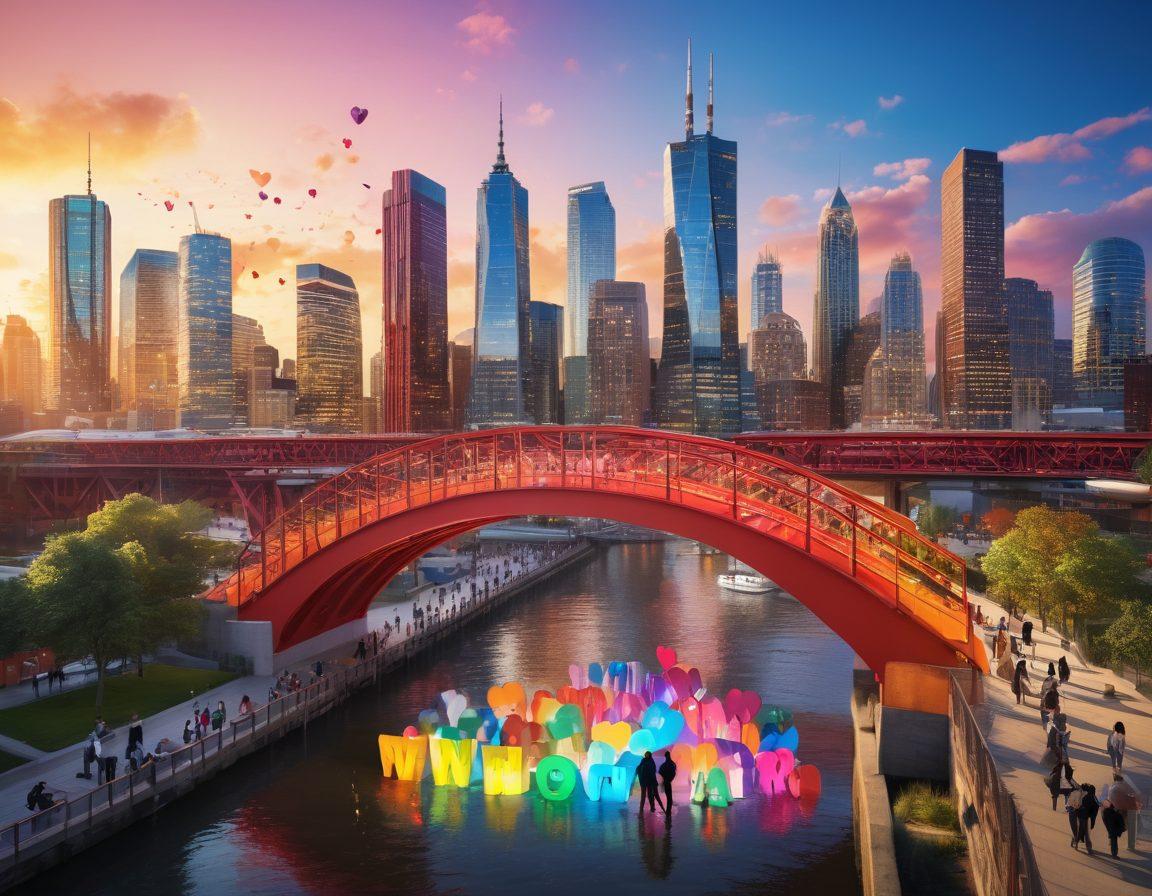 A diverse group of people gathered around a large, colorful bridge made of interlocking blog posts, symbolizing connection and community. They are engaged in lively discussions while sharing laptops and tablets, with a backdrop of a vibrant city skyline. Include elements like speech bubbles filled with words and hearts to signify collaboration and connection. The scene should radiate warmth and inclusivity. super-realistic. vibrant colors. 3D.