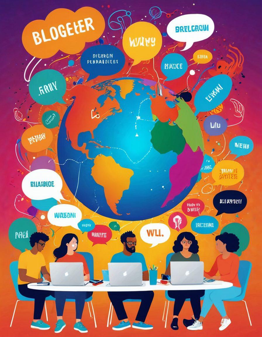 A visually striking collage depicting a diverse group of bloggers from different backgrounds, engaging joyfully in a digital workspace. Include elements like laptops, colorful speech bubbles, and a glowing globe symbolizing global connectivity. Background elements should feature flowing text to represent the art of writing. Emphasize warmth and community with bright colors. vector art. vibrant colors. 3D effects.